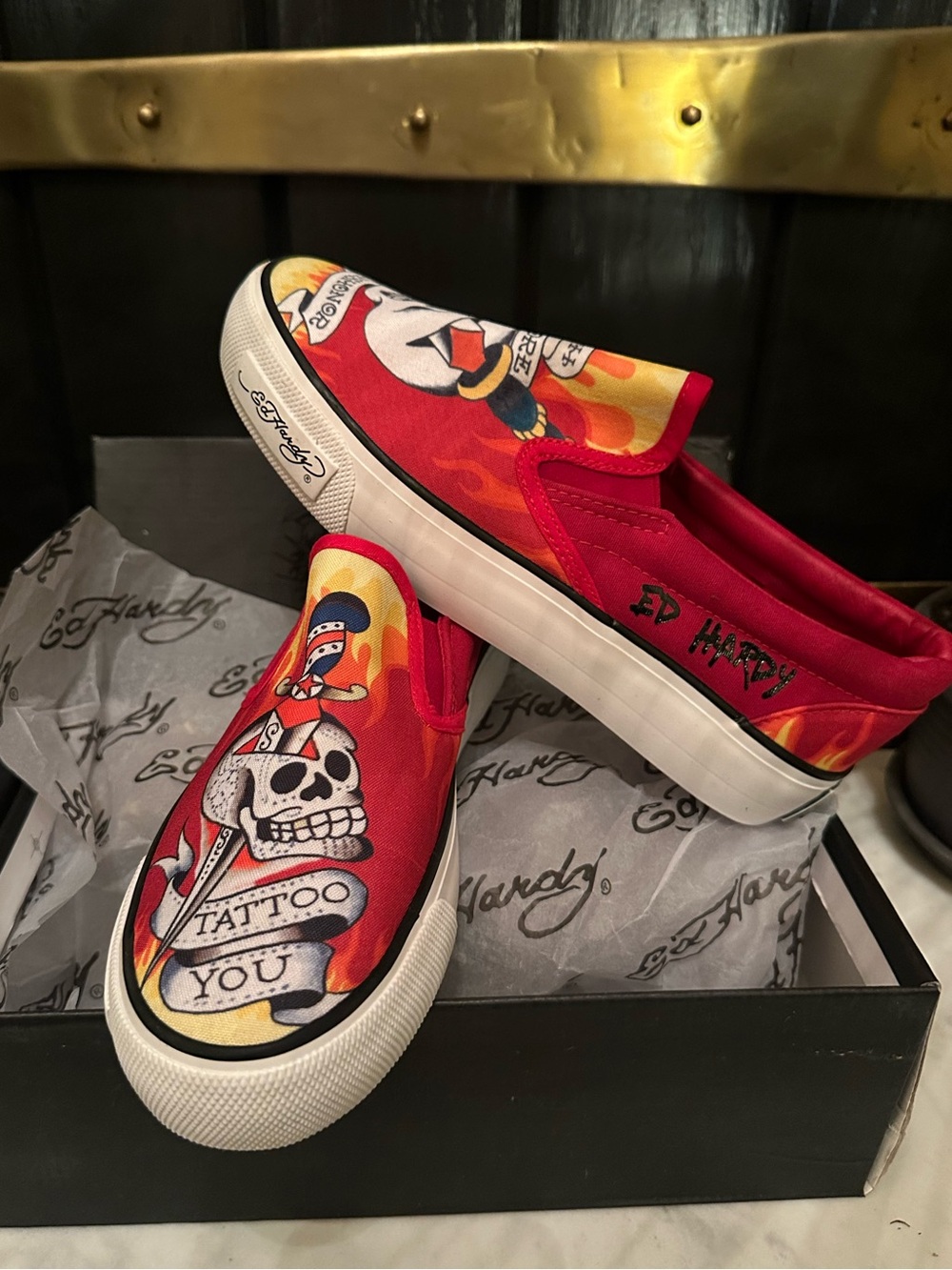NIB Authentic Don Ed Hardy Red Skull Flame Slip-On Shoes Sneakers POPPY-106L 8.5